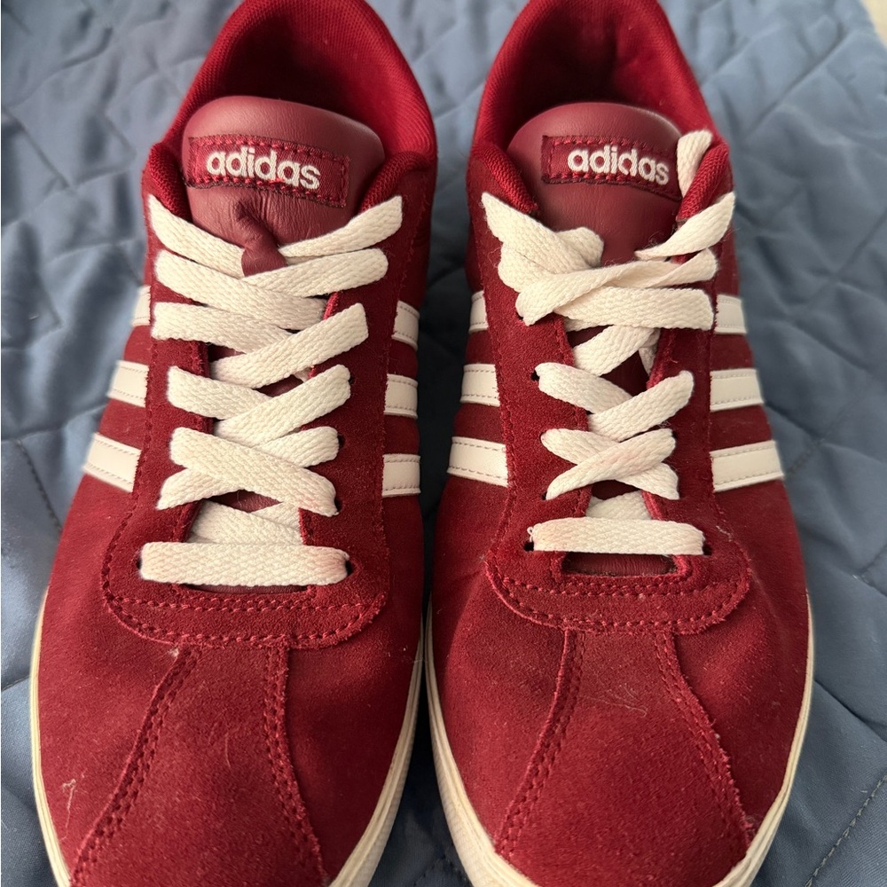 adidas Burgundy Suede Sneakers with White Stripes